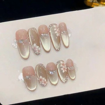 💗台灣出貨💗春夏手工穿戴甲冰透手繪春花夕拾貓眼輕奢ins純欲風學生網紅美甲