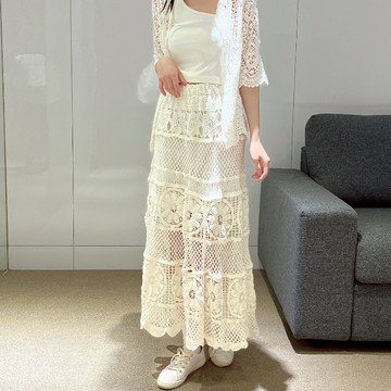 緹花編織工藝長裙【311】Sandy33實拍春夏新款韓系INS渡假出遊氣質鏤空透膚高腰長裙 A字裙 過膝裙