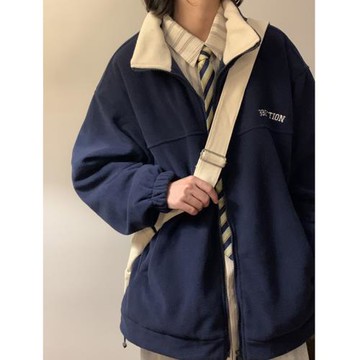 藏青色搖粒絨外套女秋冬美式復古棒球服oversize小眾羊羔毛情侶裝