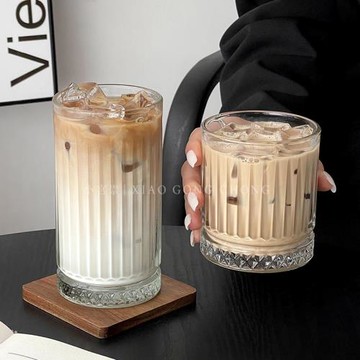 ins風冰美式拿鐵咖啡杯古典冷萃摩卡拉花條紋玻璃杯牛奶杯早餐杯