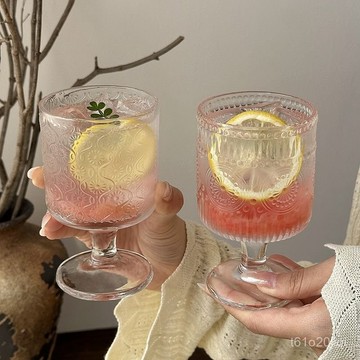 臺灣🚍8H出🉑複古ins風太陽花浮鵰玻璃杯高顔值酒杯設計感飲料果汁高腳水杯子
