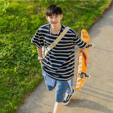 PD大人 夏裝男士條紋短袖T恤日系280G純棉休閑圓領少年感學生半袖