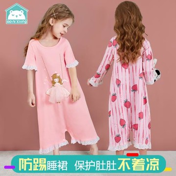 女童睡裙夏季純棉公主風春秋款女寶寶女孩防著涼兒童連體睡衣短袖