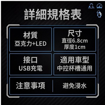 七彩發光水杯墊 車用中控杯槽墊 USB充電 亞克力材質 直徑6.8cm 防溢水減震 七彩呼吸氛圍燈 多場景適用