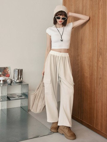 撞色腰鬆緊大口袋休閒工裝褲