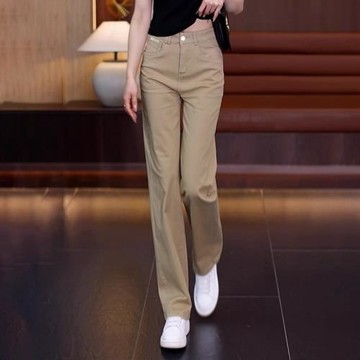 高檔春秋冬新款柔軟垂順不皺牛仔褲女直筒長褲高腰寬松顯瘦闊腿褲