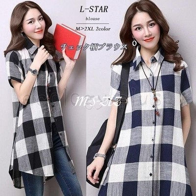 ブラウスレディースチェック柄トップスチュニックロングシャツ半袖ボタン綿麻混40代50代前開きブラック黒コン 通販 Lineポイント最大get Lineショッピング