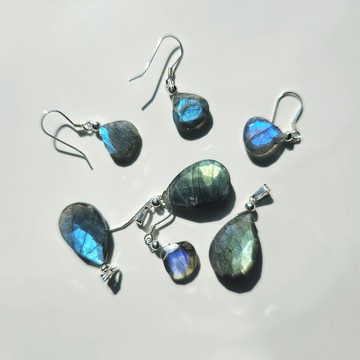 一級品質 拉長石純銀項鍊耳環組