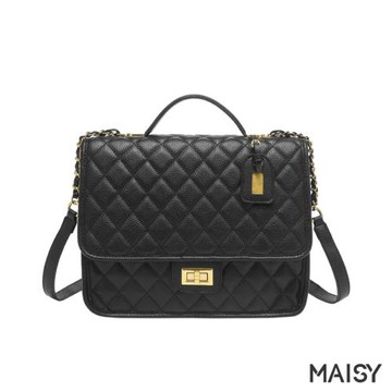 【MAISY】高級感五金鎖扣菱格多背法肩背手提包(現+預  黑色)