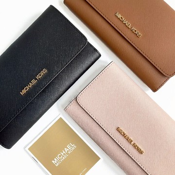 美國百分百【全新真品】MICHAEL KORS MK 皮質 長夾 卡夾 扁包 精品 皮夾 logo 女用 三色 BF84