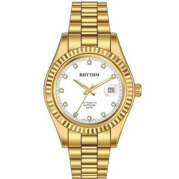 Rhythm 日本麗聲鐘時針 時尚真鑽日期顯示機械腕錶 (RA1622S05) 金 / 20.5mm｜樂天全館特惠中★指定刷卡回饋10%