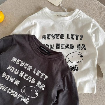 必備單品~春秋新款韓系兒童長袖T恤男女童寶寶潮流字母印花百搭純棉上衣爆 男童韓版上衣 卡通圓領打底衫 春秋長袖T恤