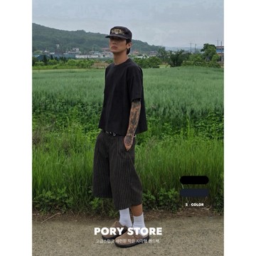 【PORY STORE】獨家！韓系立體直條紋七分褲 舒適 實拍 韓系 穿搭 男女 百搭 休閒 寬鬆 短褲 西裝短褲
