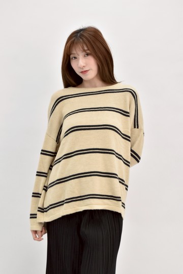 (F) autumn beige質感針織條紋杏色長袖上衣