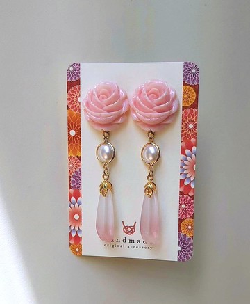 琉璃系列【玫瑰耳環】~柔粉色/針式