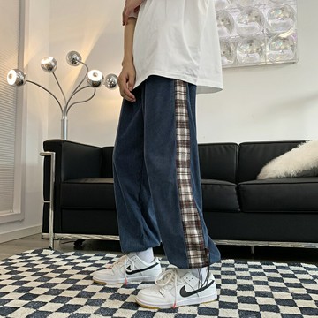 拼接撞色小腳燈芯絨褲子男士ins潮牌直筒寬松九分潮流闊腿束腳褲