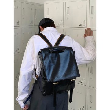 百搭皮質翻蓋休閑雙肩包日系復古大容量背包英倫學院風男電腦書包