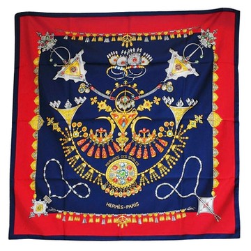 Hermes Parures des Sables 100%真絲手工捲邊大正方巾(海軍藍/紅/90CM)
