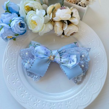 印花紗蕾絲蝴蝶結彈夾髮夾髮飾頭飾-水藍色