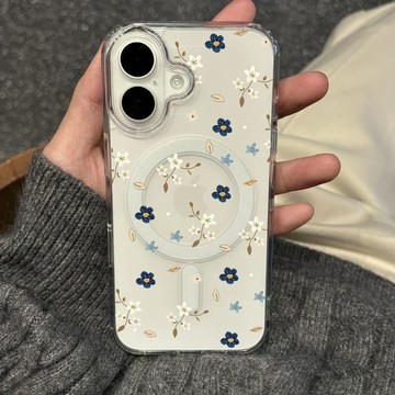 ✨磁吸手機殼✨藍色花朵磁吸蘋果17手機殼iPhone16promax透明15plus亞克力141312