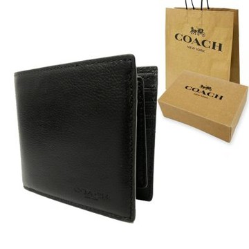 COACH 美國最新款男款8卡對折短夾附活動式證件夾禮盒+紙袋(全皮-黑)