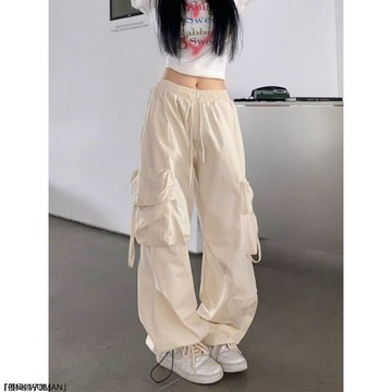 美式復古工裝褲女夏季高腰直筒闊腿褲設計感寬鬆休閒拖地長褲
