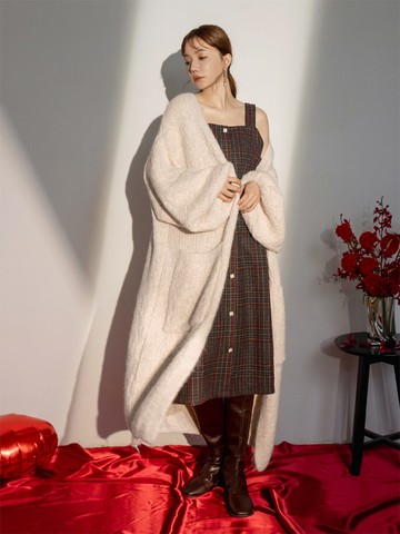 保暖針織澎袖寬鬆長版外套