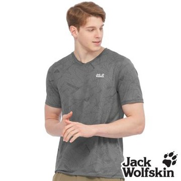 【Jack wolfskin 飛狼】男 涼感抗菌V領短袖排汗衣 探險等高線印花『鐵灰』