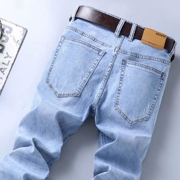 淺色高端純棉男士牛仔褲春秋季直筒寬松彈力休閑長褲子高檔潮牌