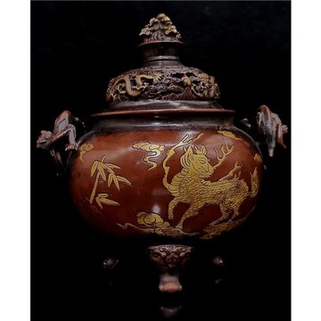 老件純紫銅鏨刻鎏金晨興半柱茗香款麒麟祥瑞薰香爐擺件重3.64千克