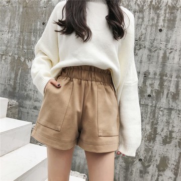 毛呢短褲女春秋新款顯瘦花苞褲寬松a字闊腿百搭休閑靴褲1入