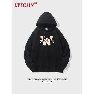 美式高街潮流字母印花連帽衛衣男2026新款簡約百搭加絨搖粒絨帽衫