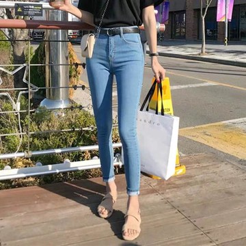 (免運)淺藍色高腰緊身牛仔褲女九分秋冬2020年新款小個子顯瘦小腳褲