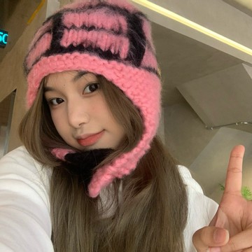拼色毛絨絨雷鋒帽軟fufu粉色y2亞風嘻哈針織可愛毛線帽
