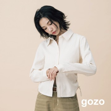 【gozo】A｜立體條紋布抽繩收腰合肩襯衫(深灰/米黃_M/L) | 女裝 襯衫領 百搭