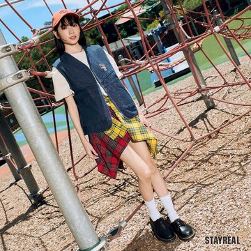 STAYREAL KEEP GOING格紋綁帶造型短裙 - 黃紅