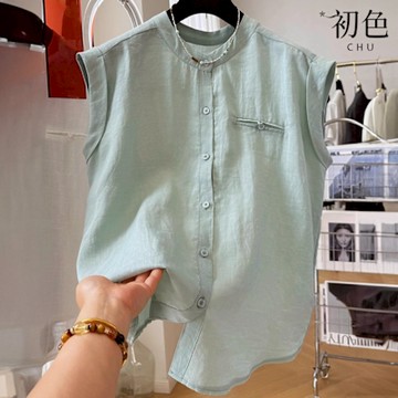 初色 純色簡約輕薄透氣寬鬆圓領排扣無袖馬甲背心襯衫上衣女上衣-共3色-12633(M-2XL可選)