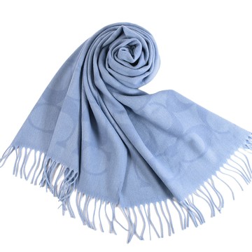 COACH 大C LOGO羊毛流蘇圍巾-迷霧藍