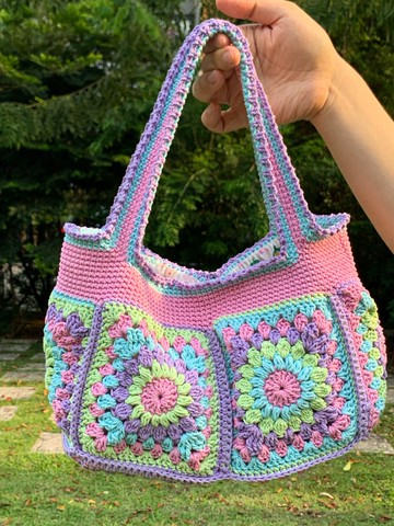 手工鉤織 祖母方格手提包 大尺寸 波希米亞風格