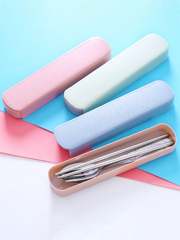 不銹鋼便攜式餐具盒三件套裝兒童學生單人可愛筷子盒長柄勺子叉子