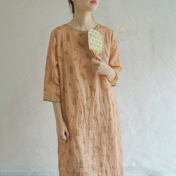 棉麻碎花連衣裙女夏薄款復古民族風袍子寬松中袖苧麻改良旗袍茶服