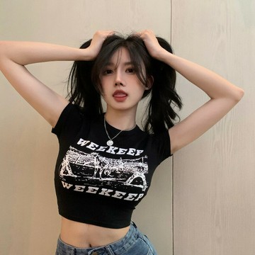 夏季短款緊身設計感小眾歐美辣妹風短袖t恤女黑色甜辣風別致上衣