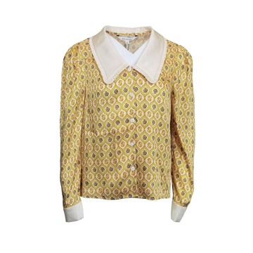 EVA黃色復古印花領撞色上衣