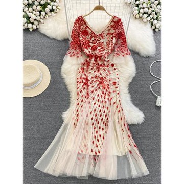 晚禮服優雅長款敬酒服晚宴主持人喇叭袖V領收腰網紗魚尾連衣裙夏