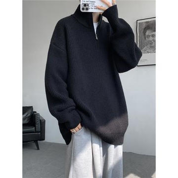 半拉鏈高領純色毛衣男冬季內搭寬松套頭針織外套大碼休閑慵懶男式