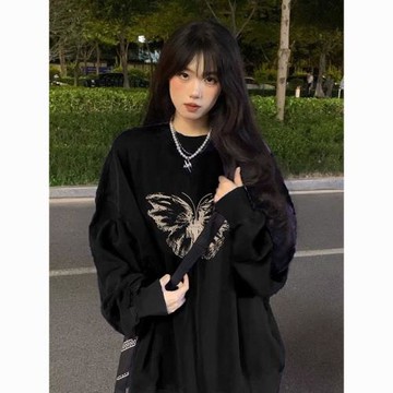 2-300斤大碼胖mm甜酷黑色衛衣女ins炸街寬松無帽加絨加厚圓領上衣