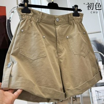 初色 韓系簡約百搭素色鬆緊高腰拉鍊雙口袋闊腿褲休閒褲工裝褲寬褲短褲-共2色-51820(M-2XL可選)
