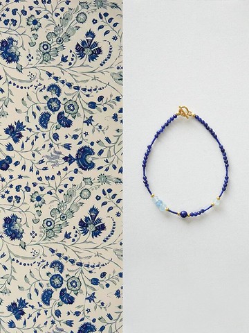 原創手工青花瓷青金石海藍寶手鏈S925銀好運手鏈生日禮物