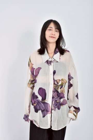 (L) rosebanks質感亞麻紫鳶尾花印花透膚薄紗白色襯衫上衣