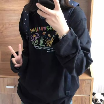高頻好穿~  韓系復古 彩繪小花 圓領長袖 長版棉T 長袖上衣 黑色純棉 薄長袖 女 韓版大學t 秋冬新款 國中生衣服